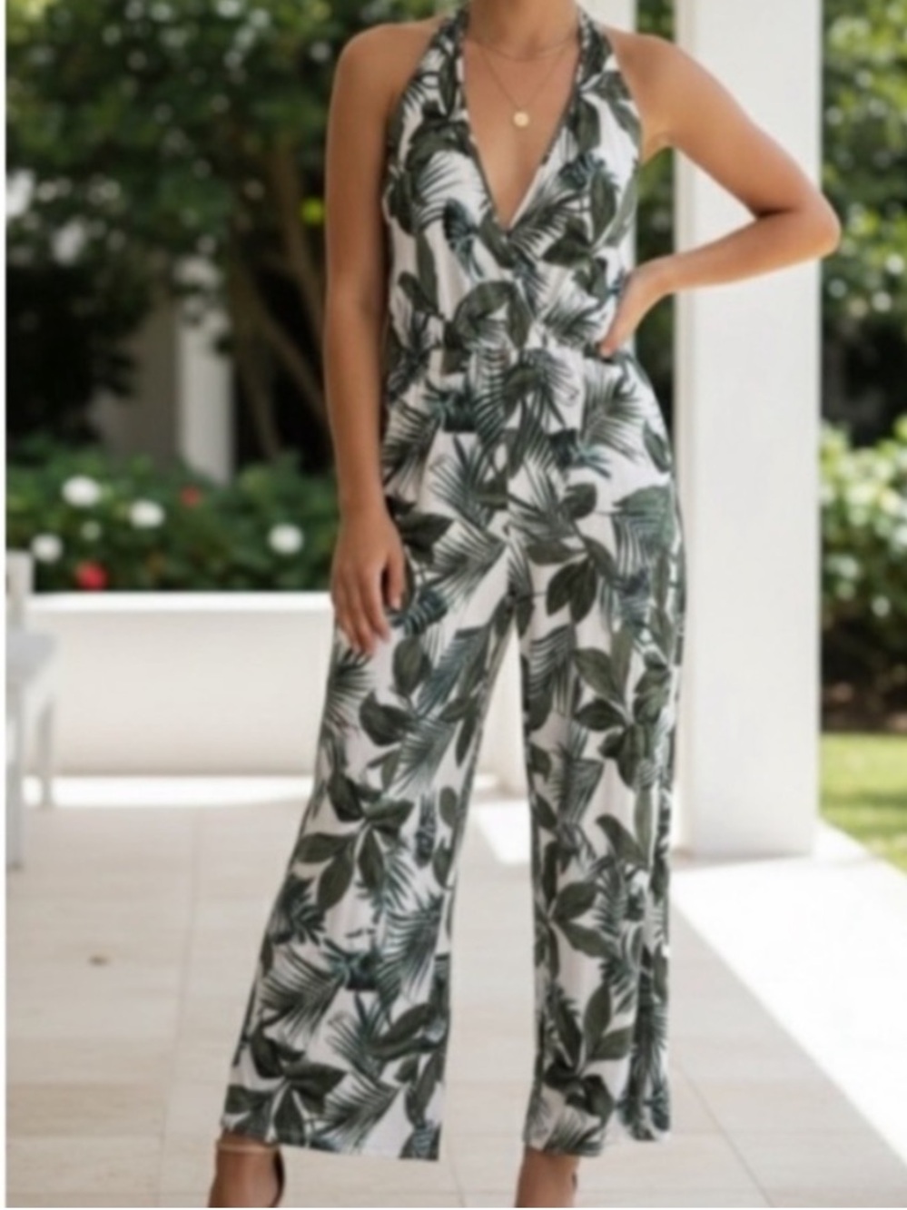 La Vie en Rose Tropical Leaf Print Jumpsuit Wide Leg Size Small Green